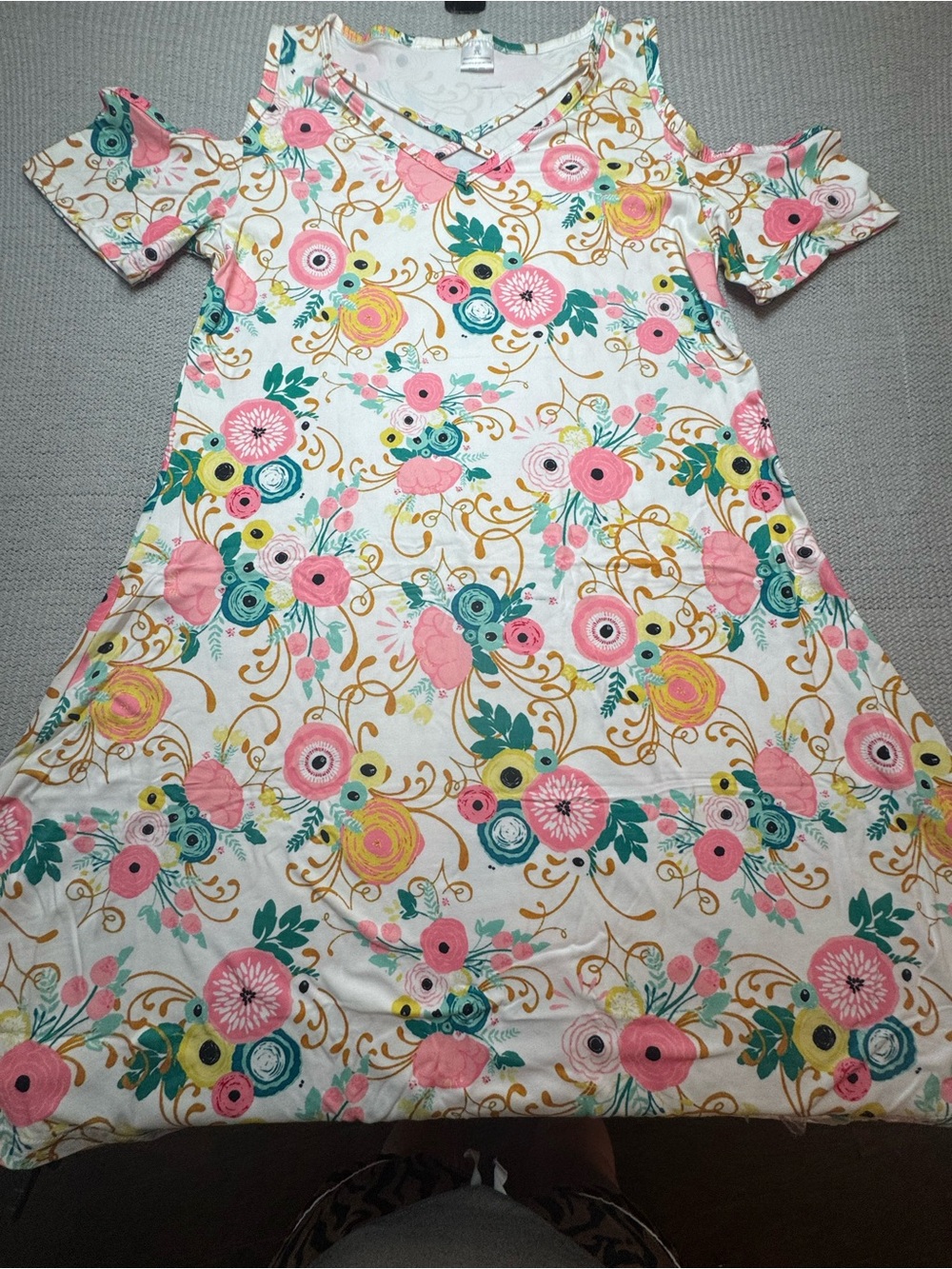 Womens Floral Cold-Shoulder Dress - White with Pink & Teal Accents